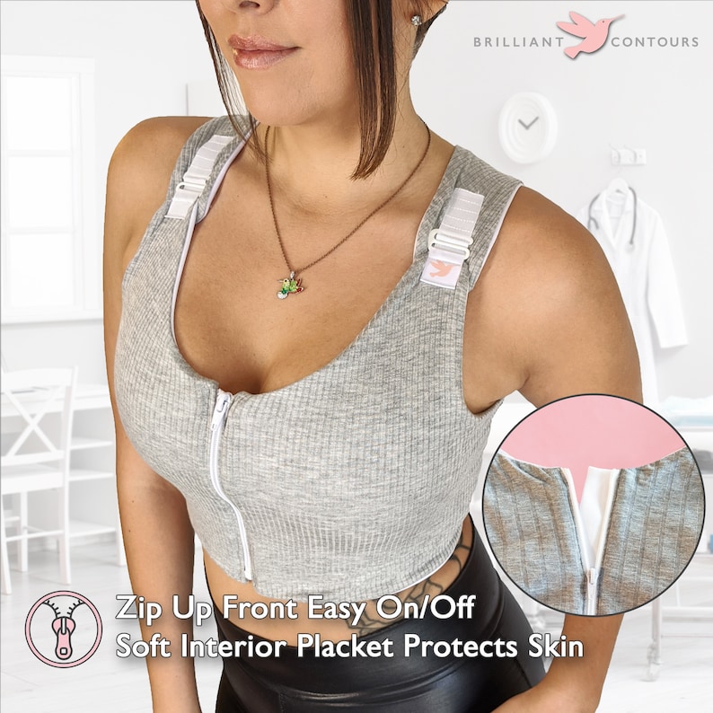 Post Surgical Comfortable Compression Front Closure Bra for Breast Augmentation | Implants | Mastectomy | Reconstruction | Soft Grey zdjęcie 6
