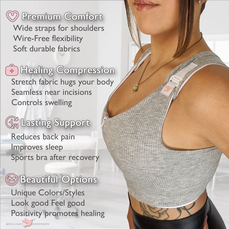 Post Surgical Comfortable Compression Front Closure Bra for Breast Augmentation | Implants | Mastectomy | Reconstruction | Soft Grey zdjęcie 2