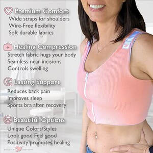 May include: A pink sports bra with a zipper closure and blue trim. The bra is designed for post-surgery recovery and features wide straps, compression fabric, and support for the back. The text on the image reads: "Premium Comfort", "Healing Compression", "Lasting Support", and "Beautiful Options".