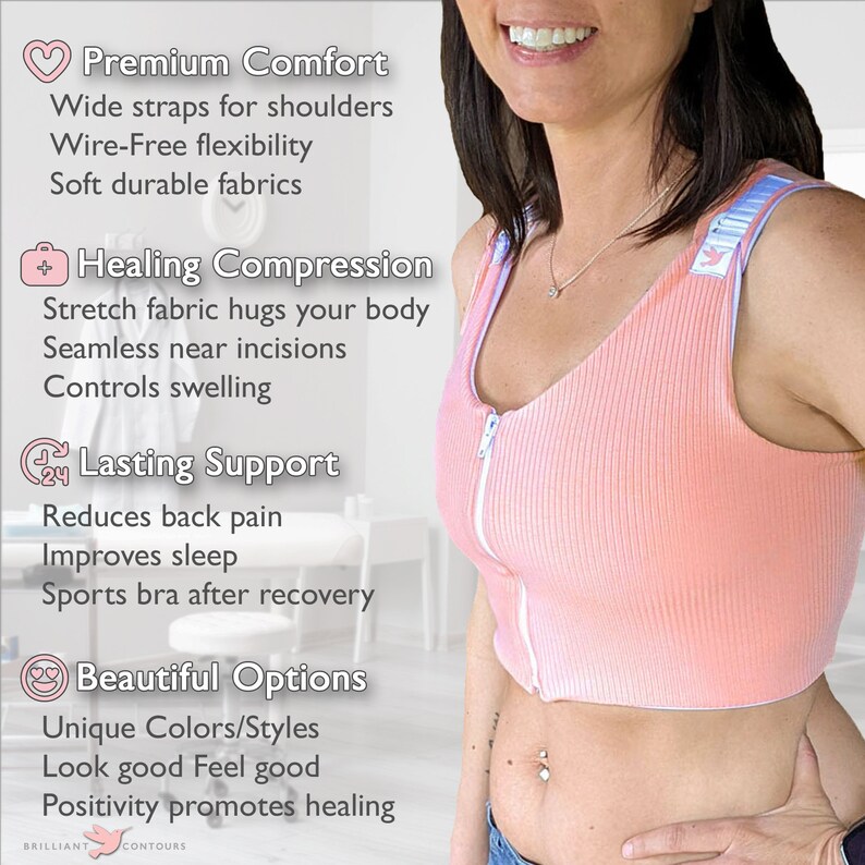 May include: A pink sports bra with a zipper closure and blue trim. The bra is designed for post-surgery recovery and features wide straps, compression fabric, and support for the back. The text on the image reads: "Premium Comfort", "Healing Compression", "Lasting Support", and "Beautiful Options".