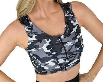 Post Surgical Comfortable Compression Front Closure Bra for Breast Augmentation | Implants | Mastectomy | Reconstruction | Urban Camo