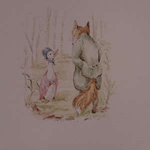 May include: A watercolor illustration depicting a duck wearing a blue bonnet and a pink shawl standing opposite a fox dressed in a green coat. The scene is set in a wooded area with muted green and brown tones, capturing the two animals facing each other in a forest clearing.
