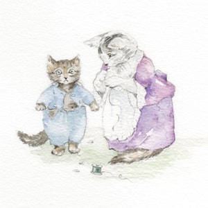 May include: Watercolor illustration of two anthropomorphic cats. One cat wears a blue outfit, the other a purple dress and white shawl. A spool of thread and buttons are on the ground. The artwork has a vintage, storybook aesthetic.