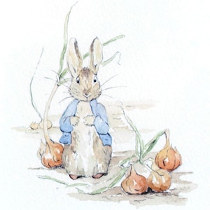 Handgeschilderd origineel Beatrix Potter's Peter Rabbit met uien (aquarel)