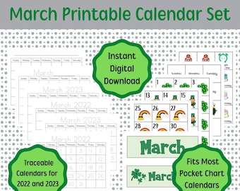 March Classroom Calendar Set St Patrick's Day Pocket Chart Number Cards Traceable Calendars 2022 2023
