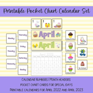 April Printable Classroom Calendar Set | Easter Theme | Pocket Chart Number Cards |Traceable Calendars 2022 2023