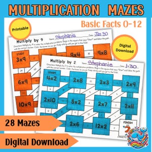 Könnte beinhalten: Zwei druckbare Multiplikations-Labyrinth-Arbeitsblätter für Kinder. Das erste Labyrinth ist zum Multiplizieren mit 9 und das zweite Labyrinth ist zum Multiplizieren mit 2. Beide Labyrinthe haben einen Start- und einen Zielpunkt und sind farbcodiert mit orangefarbenen und blauen Kästchen. Die Arbeitsblätter sind mit "Multiplizieren mit 9" und "Multiplizieren mit 2" betitelt.