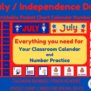 Juli kalendernummerset | Onafhankelijkheidsdag nummerkaarten | Zakdiagram Klaskalender 4 juli