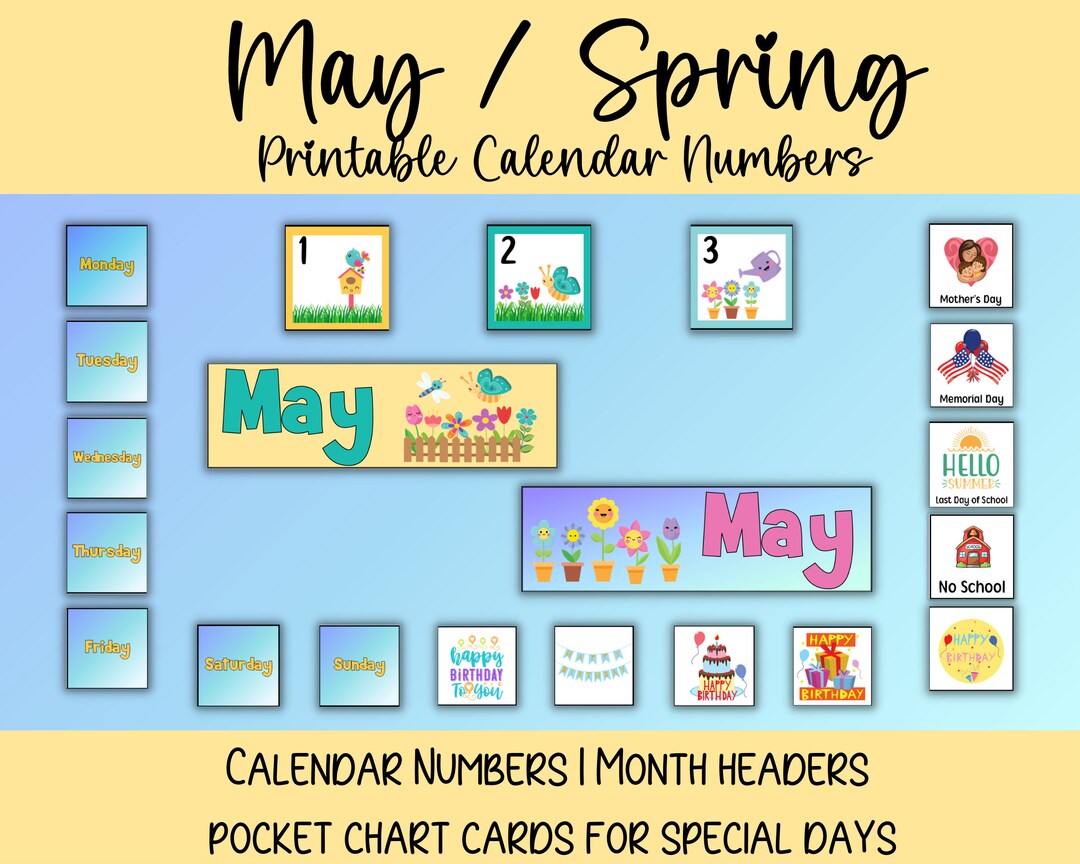 May Calendar Numbers Spring Theme for Pocket Chart Number Cards for ...