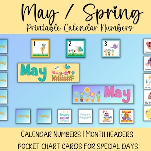 May Calendar Numbers Spring Theme for Pocket Chart Number Cards for ...