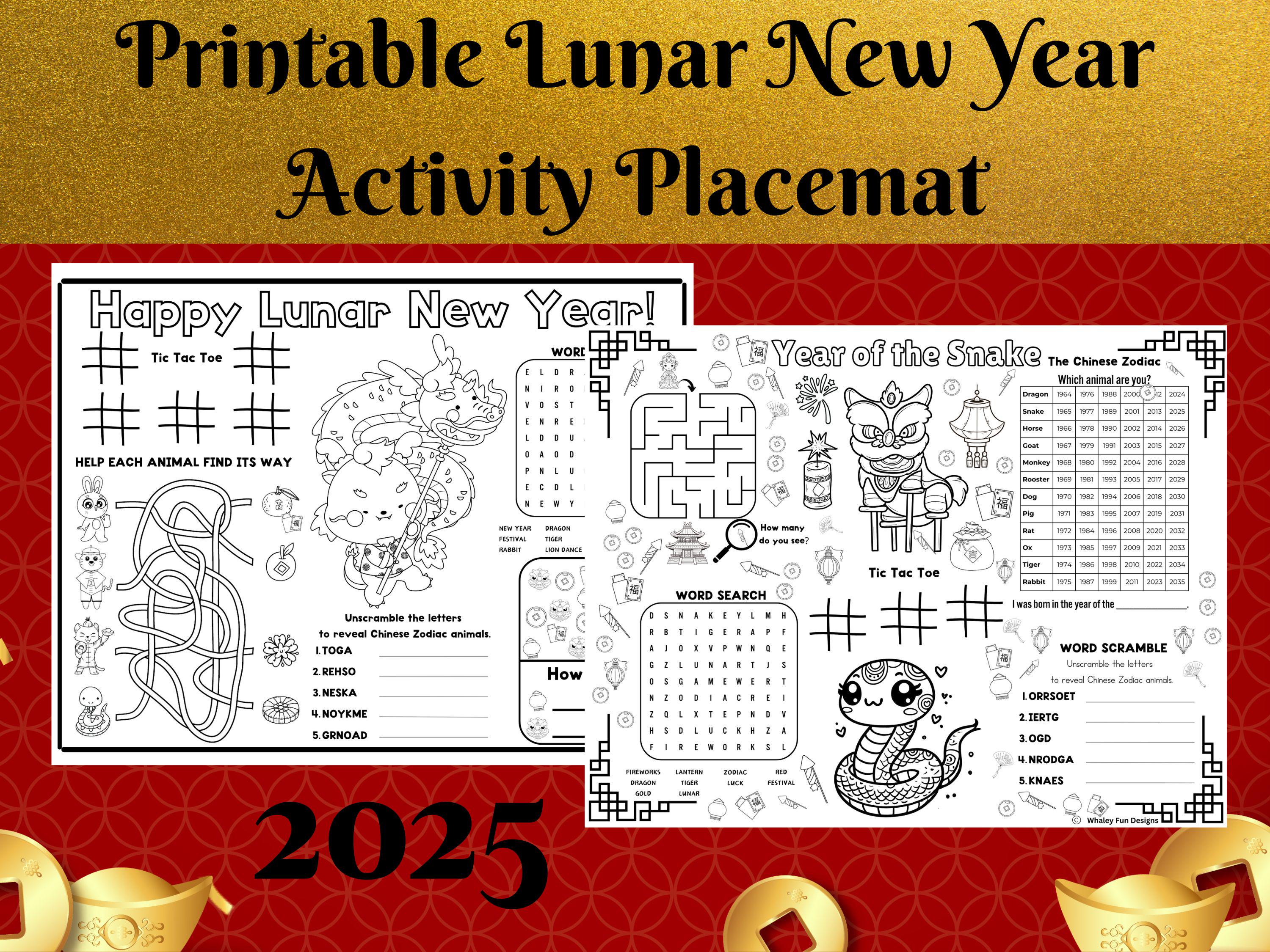 chinese new year printable activity placemat - etsy
