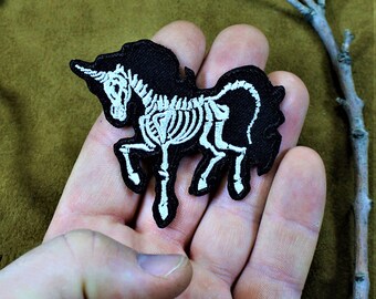 Skeleton unicorn patch, iron on, gothic
