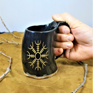 Helm of Awe design Viking invincibility symbol Carved drinking horn mug