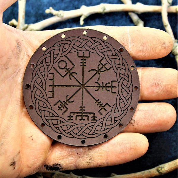 Vegvisir patch, carved leather, sew on runic compass