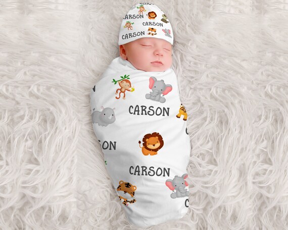 personalized swaddle blanket and hat boy