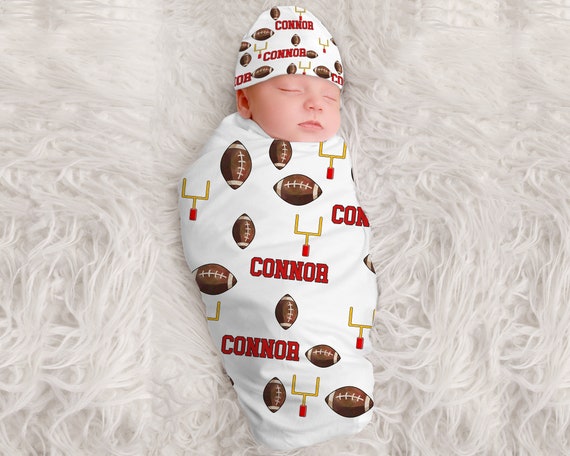 personalized swaddle blanket and hat boy