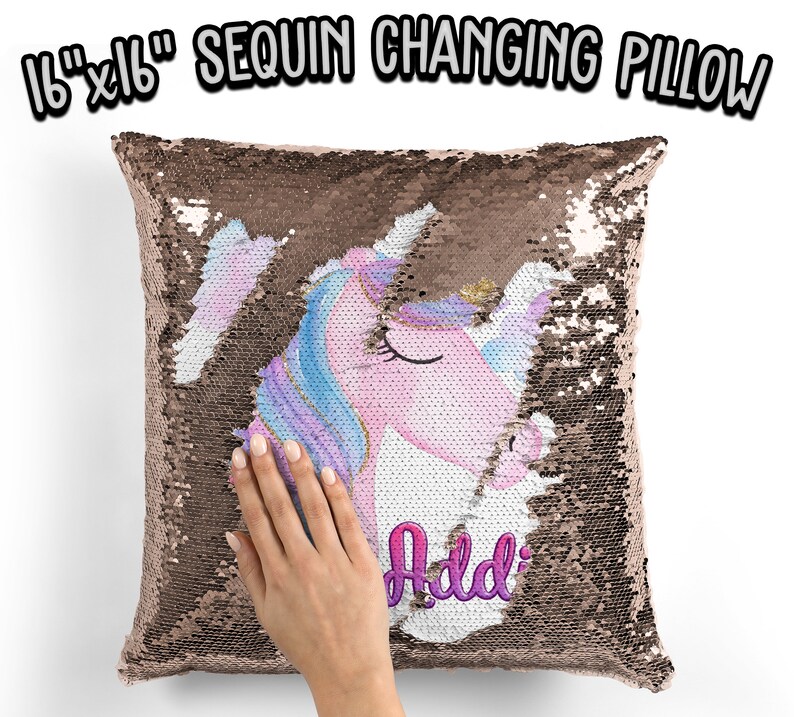 Personalized Unicorn Pillow Rose Gold Pillow Personalized Unicorn Pillow Sequin Changing Pillow Personalized Pillow 16x16 Pillow