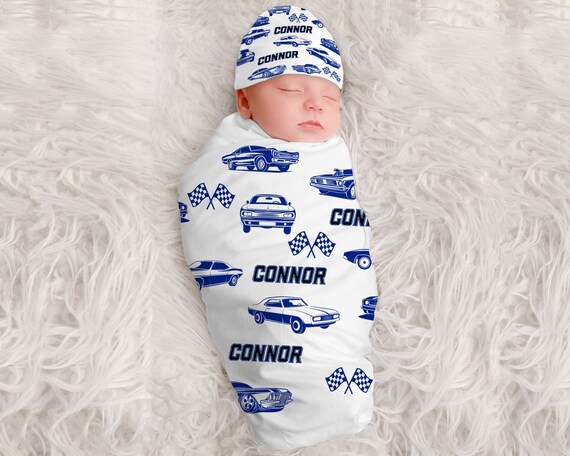 personalized swaddle blanket and hat boy