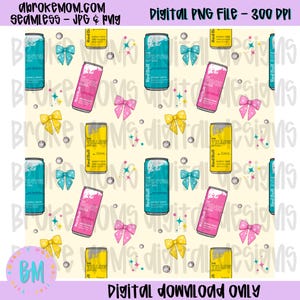 May include: Seamless digital pattern featuring Red Bull energy drink cans in pink, yellow, and teal, along with colorful bows and sparkling accents. The design includes the text "Digital Download Only".
