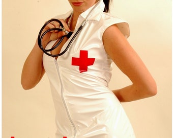 White  pvc nurse uniform,outfit,costume, dress with hat