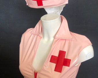 Blush pink pvc nurse uniform,outfit,costume, dress with hat