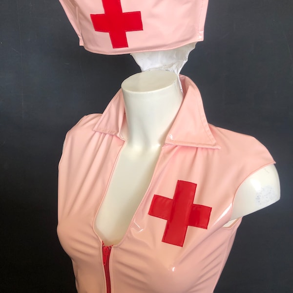 Uniforme d'infirmière pvc rose blush, tenue, costume, robe avec chapeau