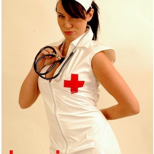 White  pvc nurse uniform,outfit,costume, dress with hat