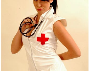 May include: White sleeveless nurse's uniform with a red cross on the chest. The outfit includes a matching headband with a red cross. A black stethoscope is held in the hand. The word "louimane" is written in red at the bottom.