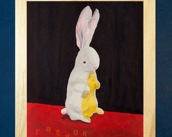 Rabbit painting, whimsical bunny art, portrait of a vintage toy rabbit, original art print, rabbit lover gift, stuffed animal wall art, 8x10