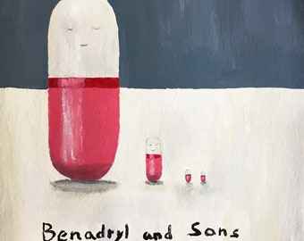 Original art print of allergy pills, humorous portrait of Benadryl family, fun and unique get well gift, whimsical painting, pill art, 8x10
