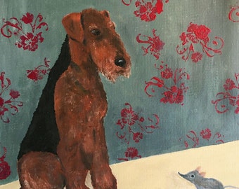 Airedale Terrier original art print, naive dog portrait, elephant shrew art,  whimsical dog painting, framed dog art, dog lover gift, 8x10"