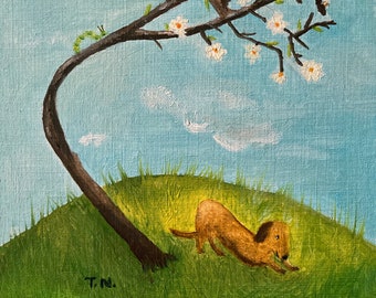 Impresión de arte Dachshund, Pintura para amantes del yoga, Perro boca abajo y Cornejo, Arte de perros peculiar, Decoración caprichosa de la habitación de los niños, Regalo para amantes de los perros, 5 x 7 pulg.