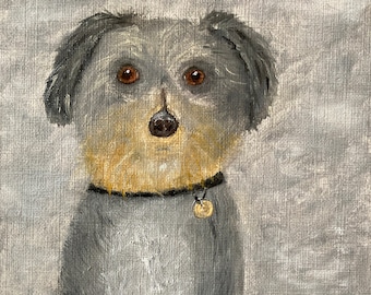 May include: A painting of a gray dog with brown eyes, wearing a black collar with a tag. The dog is standing on a wooden floor with the words "Fog Dog" written below it.