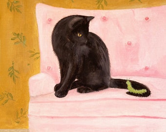 May include: A black cat sits on a pink armchair with a green caterpillar on the armrest. The chair is on a blue rug with a white pattern. The background is a yellow wall with green leaves.
