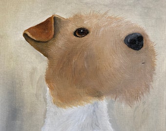 May include: A painting of a dog's head, looking up. The dog has a white and brown coat, with a brown nose and black eyes. The background is a light beige color. The artist's initials, "T.N.", are in the bottom right corner.