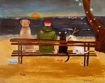 Lámina artística de un atardecer en la playa con perros, Jack Russell terrier, perros en la playa, retrato caprichoso de un cachorro, regalo para amantes de los perros, decoración de habitación infantil, 20 x 20 cm