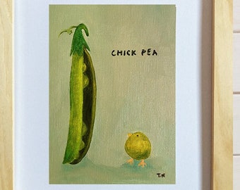 Lámina de garbanzos, arte de pollos, regalo para amantes de los pollos, decoración infantil original, guisantes, garbanzos, regalo para jardineros, arte de cocina divertido, 13 x 18 cm