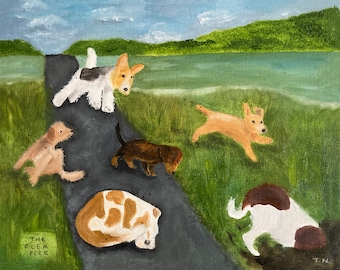 May include: A painting of six dogs on a path with green grass and a lake in the background. The dogs are all different breeds and colors. The text "THE FLEA FLEE" is written on the path.