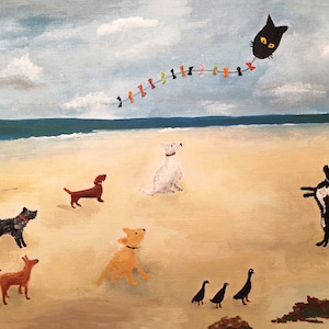 Original art print of dogs at the beach, cats and dogs, whimsical dog painting, framed dog art, dog lover gift, naive art, dog decor, 8x10