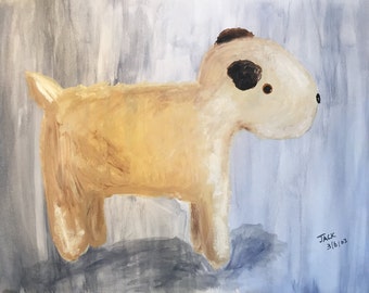 May include: A watercolor painting of a light brown dog with black ears and a black nose. The dog is standing on a gray surface with a blue background. The painting is signed "Jack 3/6/03".
