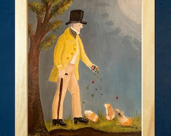 May include: A painting of a man in a yellow coat and top hat feeding a group of guinea pigs in a grassy area. The man is holding a walking stick and a small bouquet of flowers. The painting is signed "T.N."