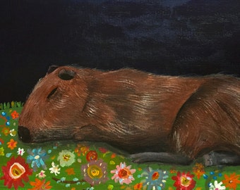 May include: A painting of a brown capybara sleeping on a green rug with colorful flowers. The capybara is curled up on its side with its head resting on the rug. The rug is covered in a variety of flowers in shades of red, orange, yellow, blue, and green.