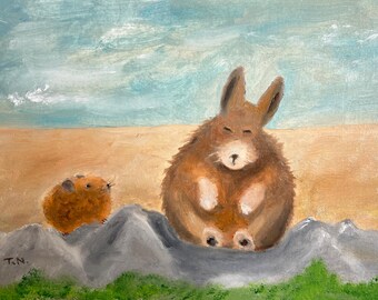 May include: A painting of a brown rabbit sitting on a gray rock with a smaller brown animal sitting on a rock in the foreground. The background is a light blue sky with white clouds.