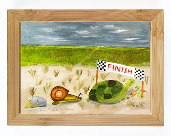 May include: A watercolor painting of a turtle, snail, and two slugs racing towards a checkered finish line. The painting is framed in a light brown wooden frame. The text "FINISH" is written on the checkered finish line. The text "SLOW MOVER..." is written below the snails.