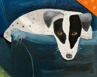 May include: An oil painting of a white dog with black spots and a black patch over one eye, resting in a dark blue armchair. The background features an orange wall with white polka dots and a green floor with blue polka dots in the foreground.