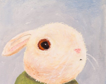 Bunny print, naive art,  rabbit painting, toy animal portrait, bunny lover gift, unique kids room decor, nursery art, whimsical style, 5x5"