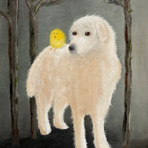 Whimsical dog and chick art print, Great Pyrenees dog portrait, dog lover gift, unlikely friends, forrest painting, kids room decor, 8x10&quot;