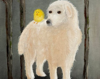 May include: A white dog with a yellow chick perched on its back, standing in a forest setting. The dog has brown eyes and a fluffy coat. The chick is facing the viewer with its beak open.