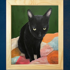 Black cat original art print, framed cat art, whimsical cat portrait, naive cat painting, cat lover gift, original wall art, cat decor, 8x10