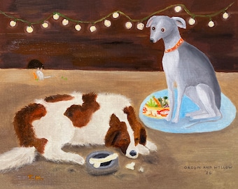 May include: A painting of two dogs, one white and brown, the other grey, with a bowl of food and a bone. The painting is titled "Orson and Willow '26".